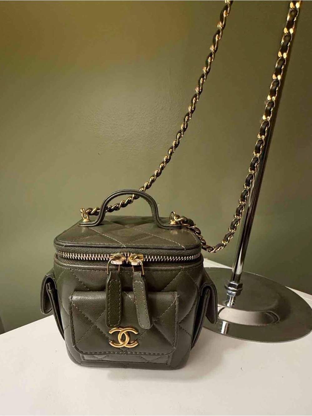 CHANEL Olive Green Quilted Lambskin Polly Pocket Top Handle Vanity Case COA